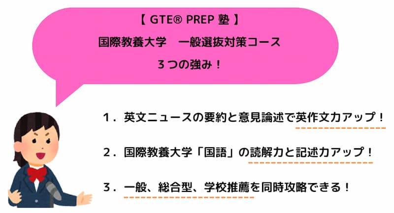 GTE®PREP 塾　国際教養大学（AIU）一般選抜対策コース３つの強み！　1. 英文ニュースの要約と意見論述で英作文力アップ！　2. 国際教養大学「国語」の読解力と記述力アップ！　3. 一般選抜、総合型選抜、学校推薦型選抜を同時攻略できる！